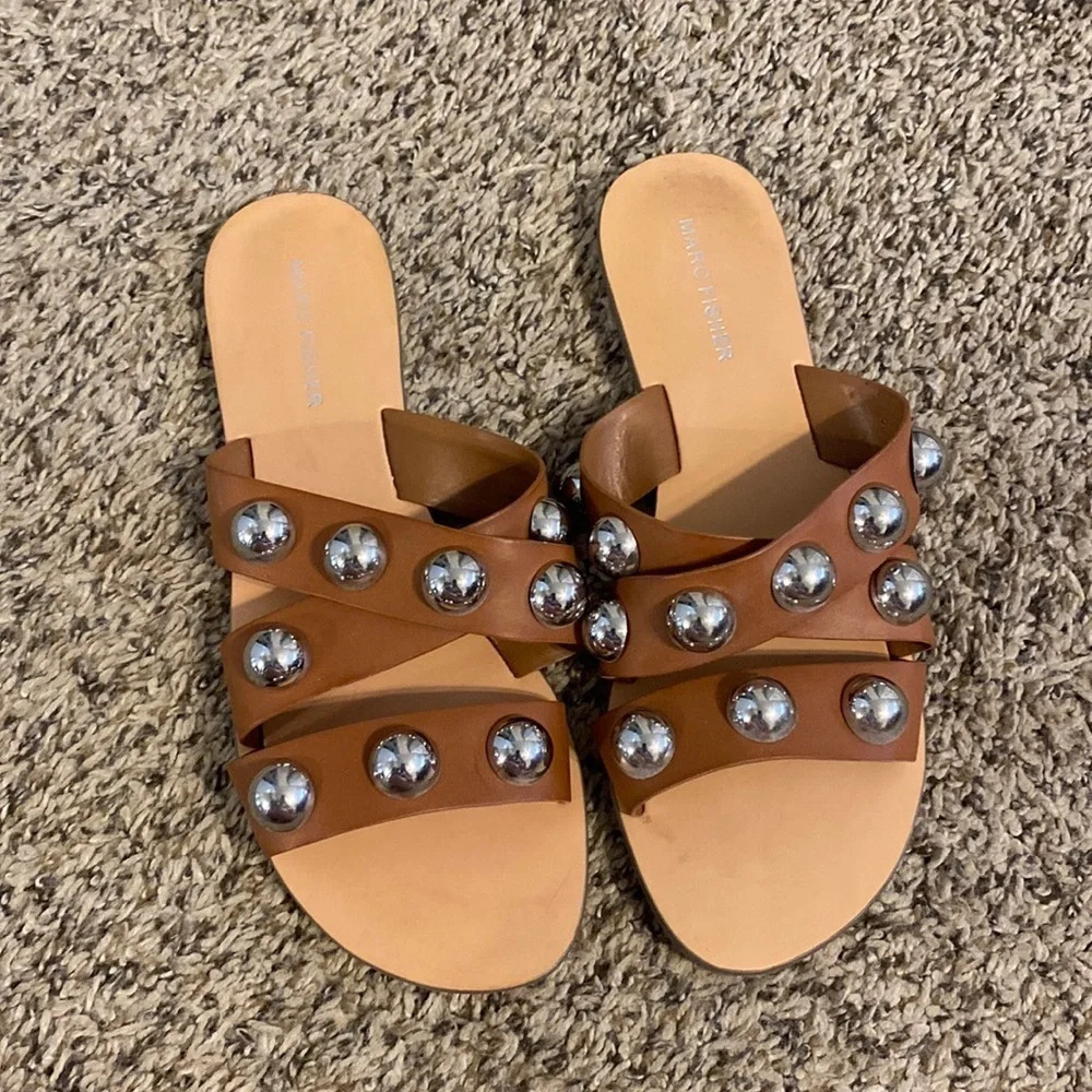 Marc Fisher Brown Leather Studded Slide Sandals